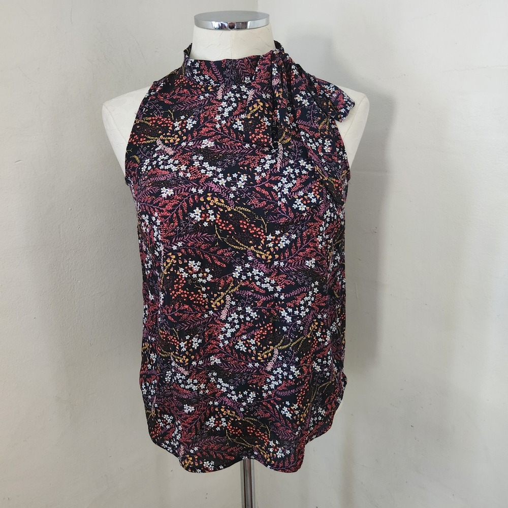 LOFT Outlet Petite XXSP Floral Halter Tie Neck Sleeveless Blouse Navy Pink